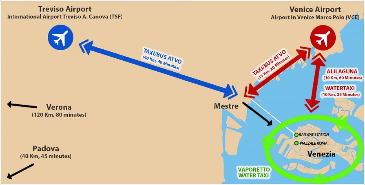 mapa Benátek letiště a vlakové nádraží