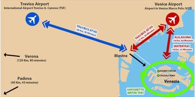 Mapa Benátek letiště a vlakové nádraží